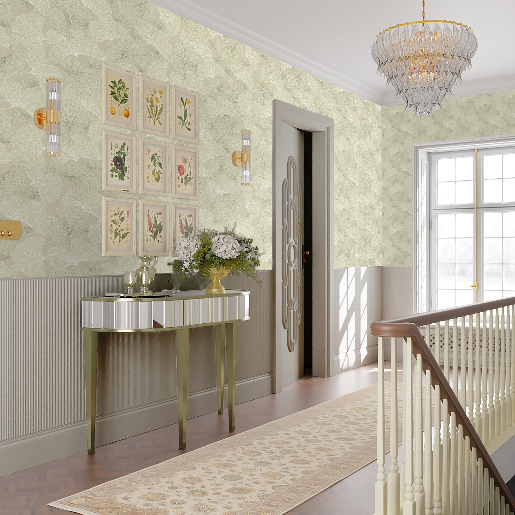 Elegant interior design of a hallway with decorative wall art, console table, and chandelier.
