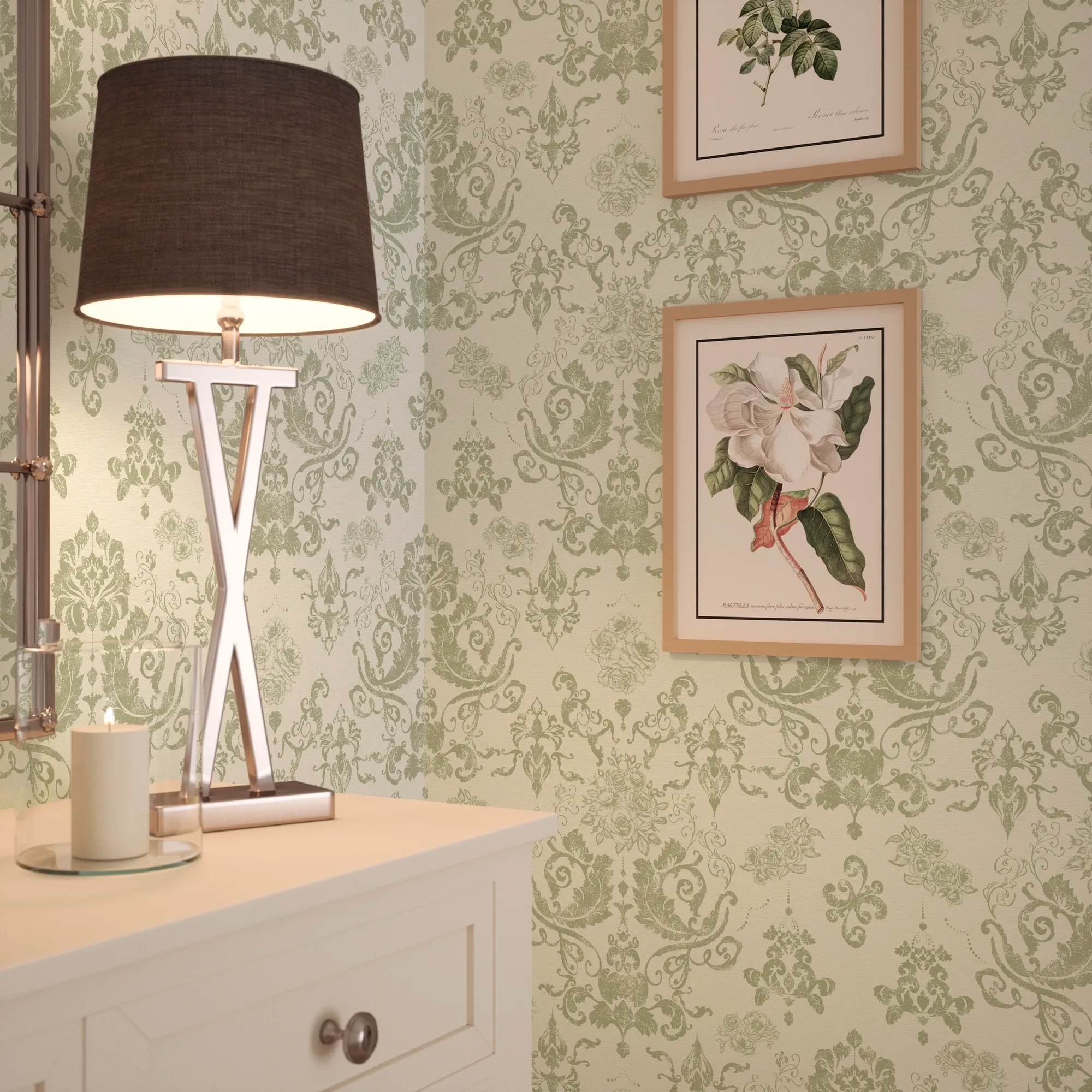 Bridgerton Damask Wallpaper in Soft Sage on Linen Cream