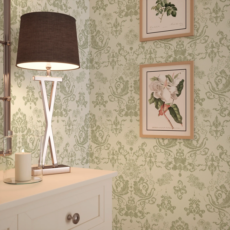 Bridgerton Damask Wallpaper in Soft Sage on Linen Cream