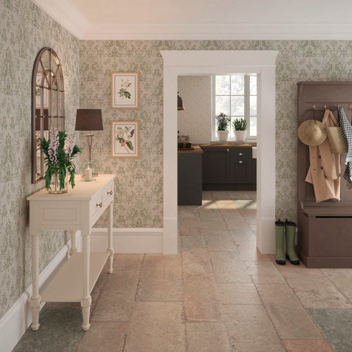 Bridgerton Damask Wallpaper in Soft Sage on Linen Cream
