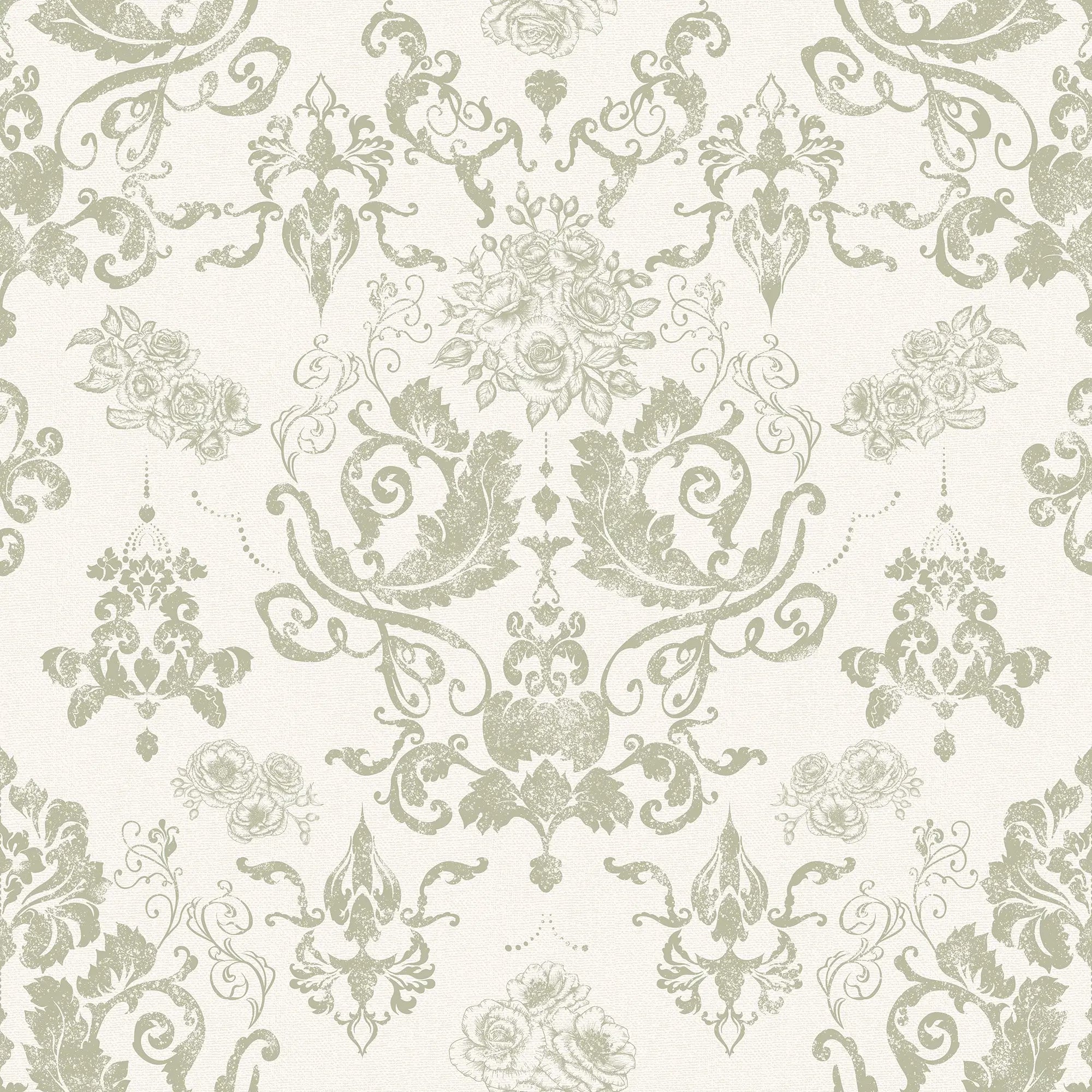 Bridgerton Damask Wallpaper in Soft Sage on Linen Cream