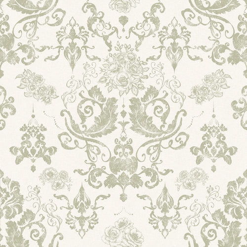 Bridgerton Damask Wallpaper in Soft Sage on Linen Cream