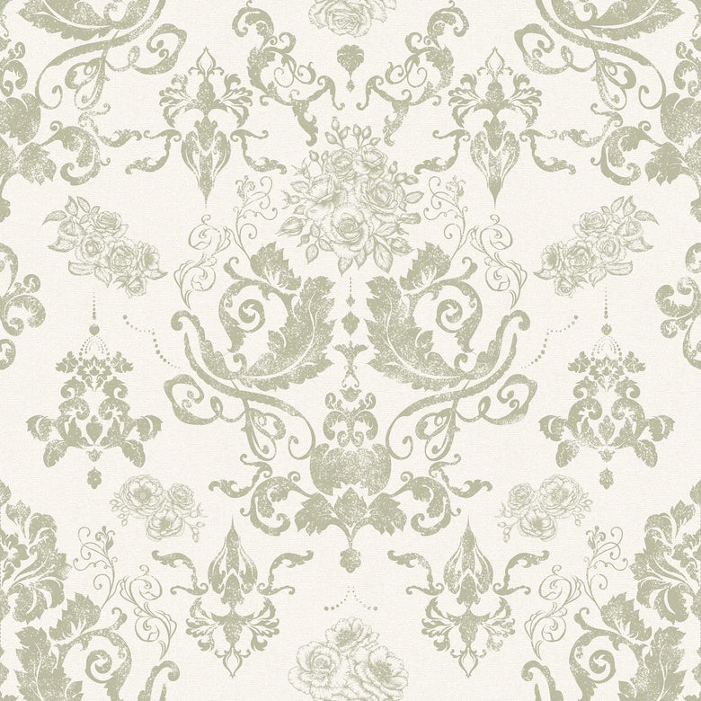 Bridgerton Damask Wallpaper in Soft Sage on Linen Cream