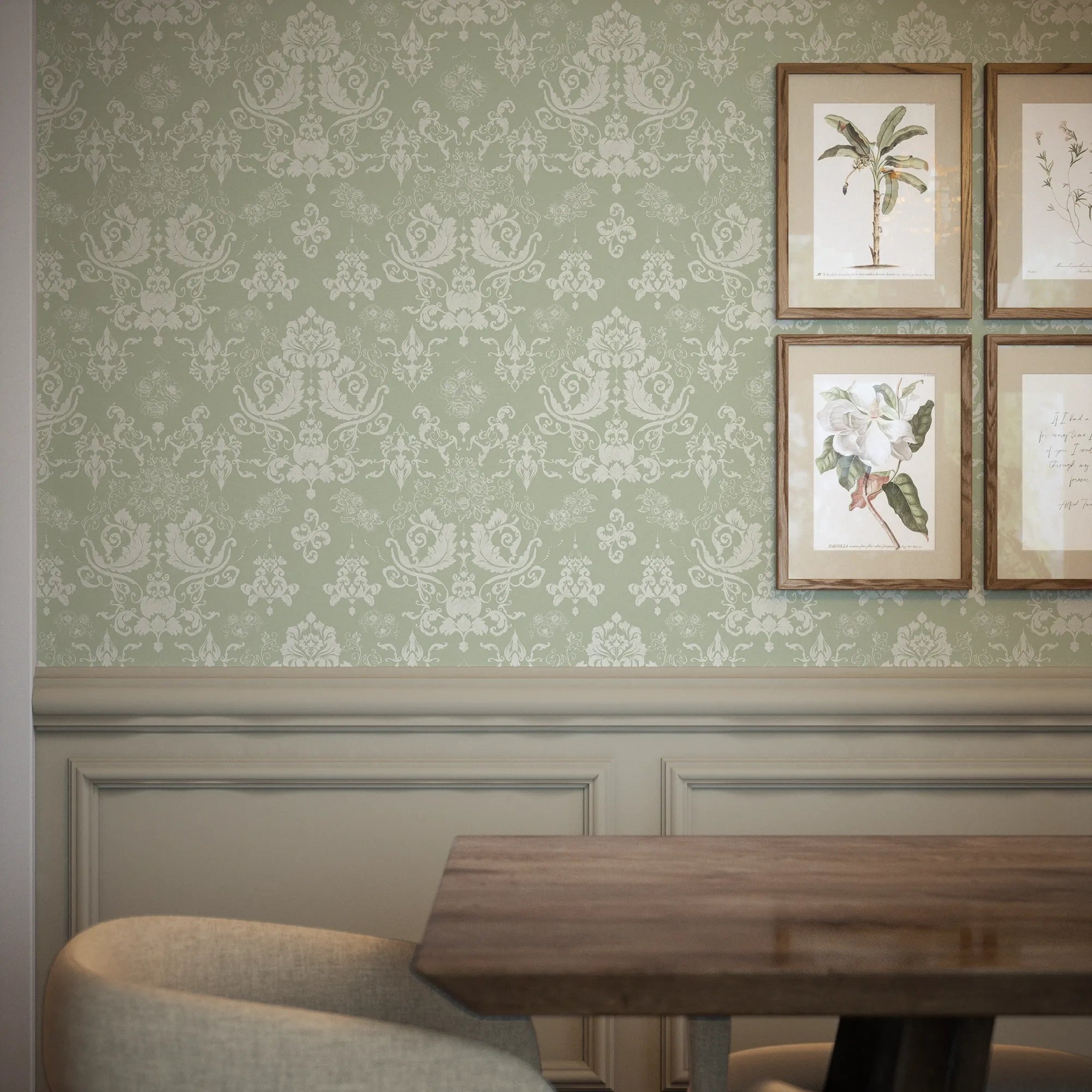 Bridgerton Damask Wallpaper in Linen Cream on Soft Sage