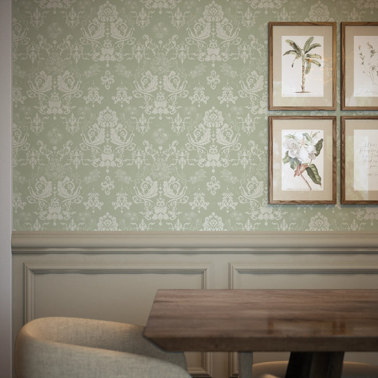 Bridgerton Damask Wallpaper in Linen Cream on Soft Sage