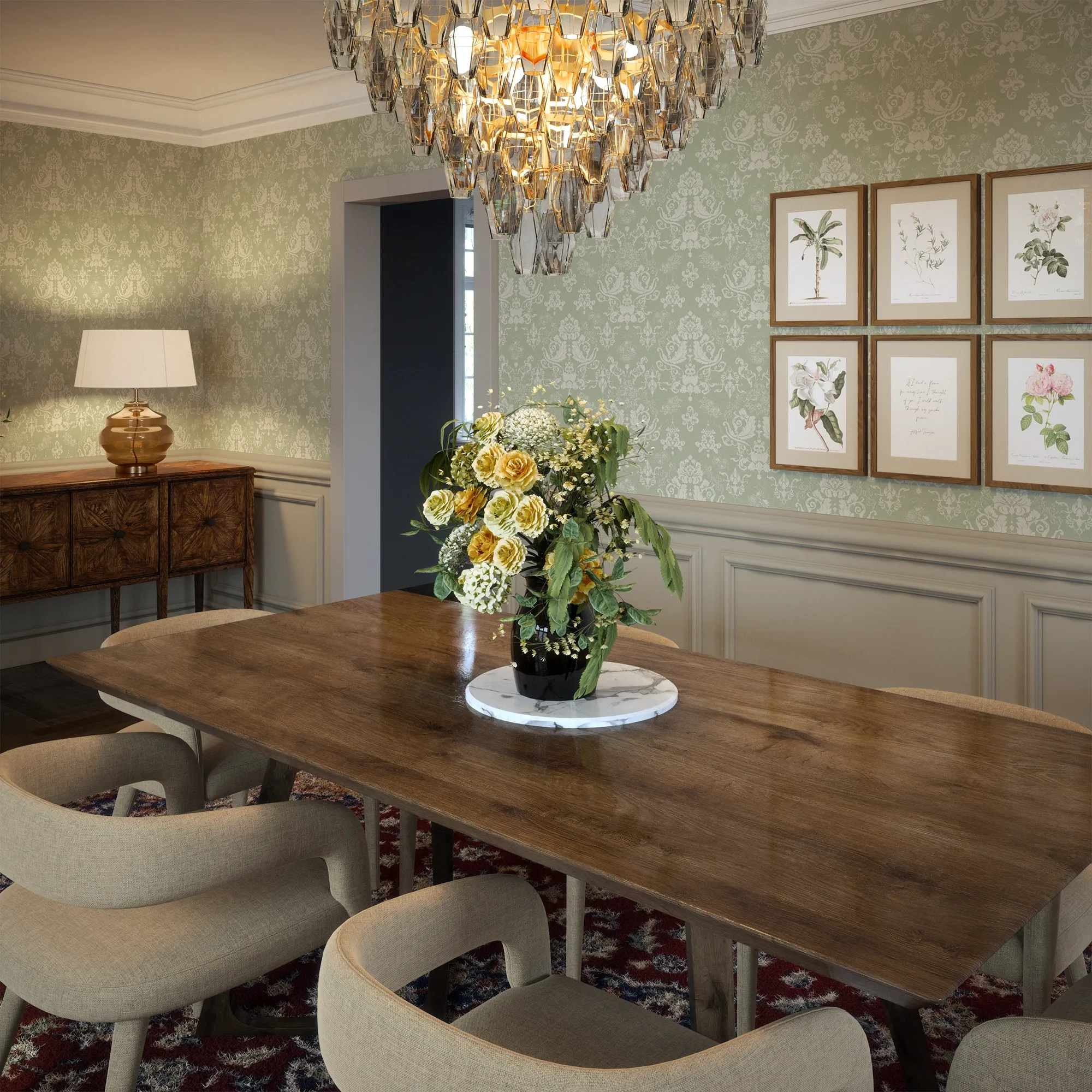 Bridgerton Damask Wallpaper in Linen Cream on Soft Sage