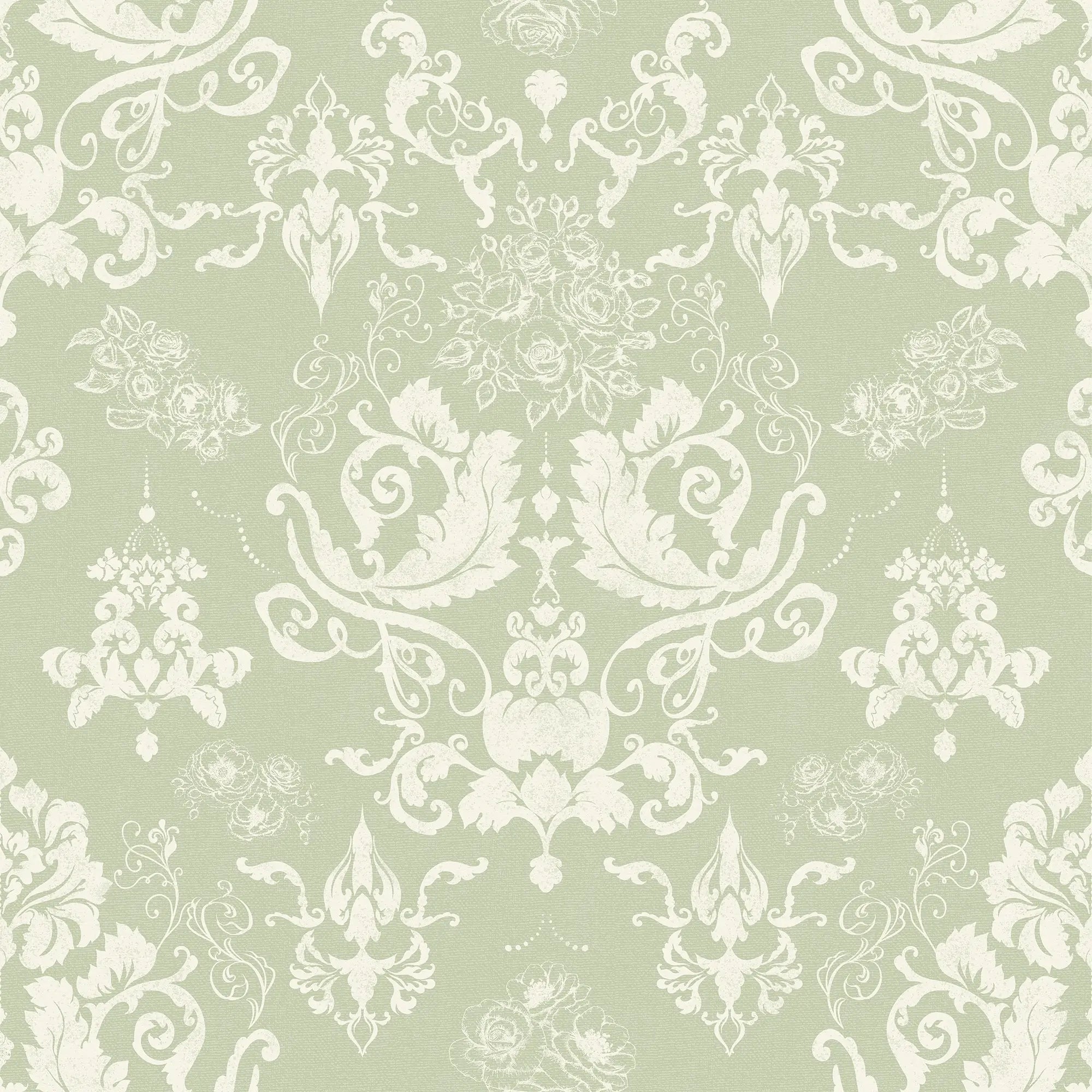 Bridgerton Damask Wallpaper in Linen Cream on Soft Sage