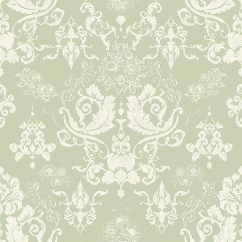 Bridgerton Damask Wallpaper in Linen Cream on Soft Sage