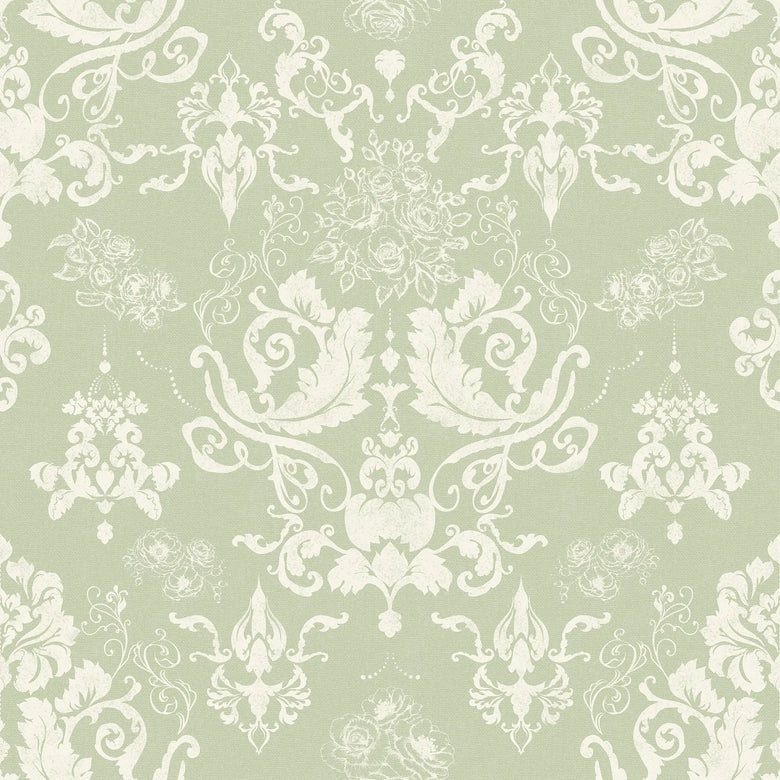 Bridgerton Damask Wallpaper in Linen Cream on Soft Sage