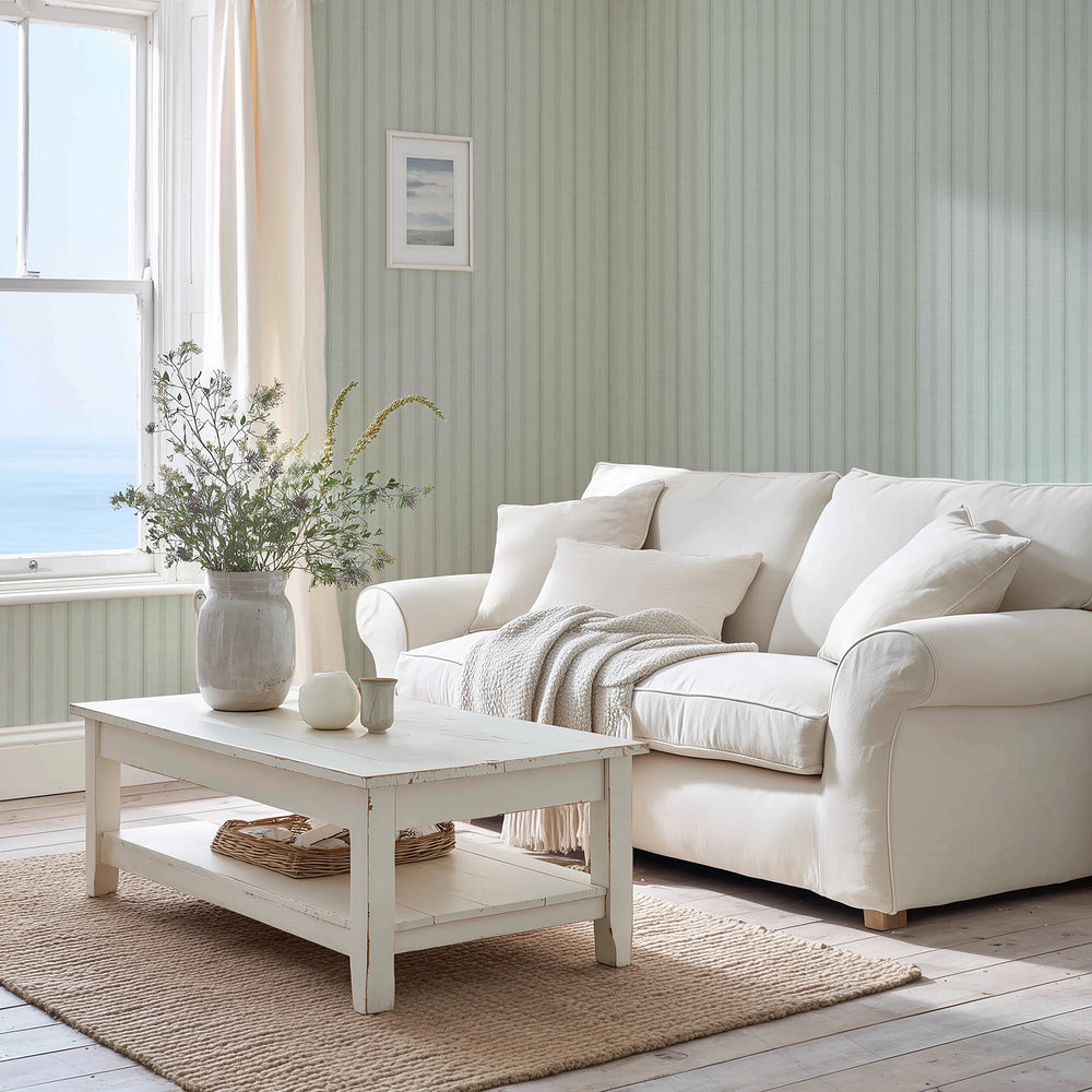 New England Stripe Wallpaper in Warm Mint