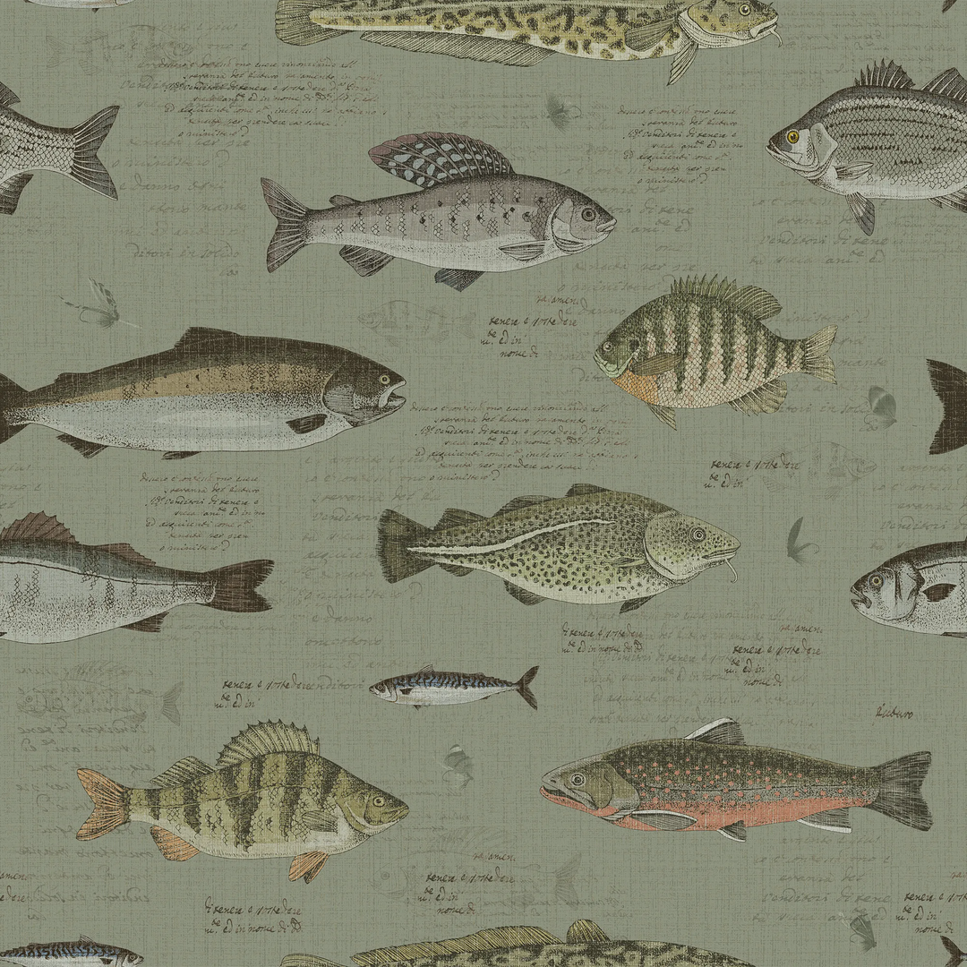 Wallpaper pattern of various fish illustrations on a green background.