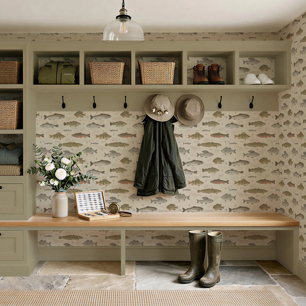 Mudroom setting with storage shelves, hooks, and a bench against a fish-patterned wall.