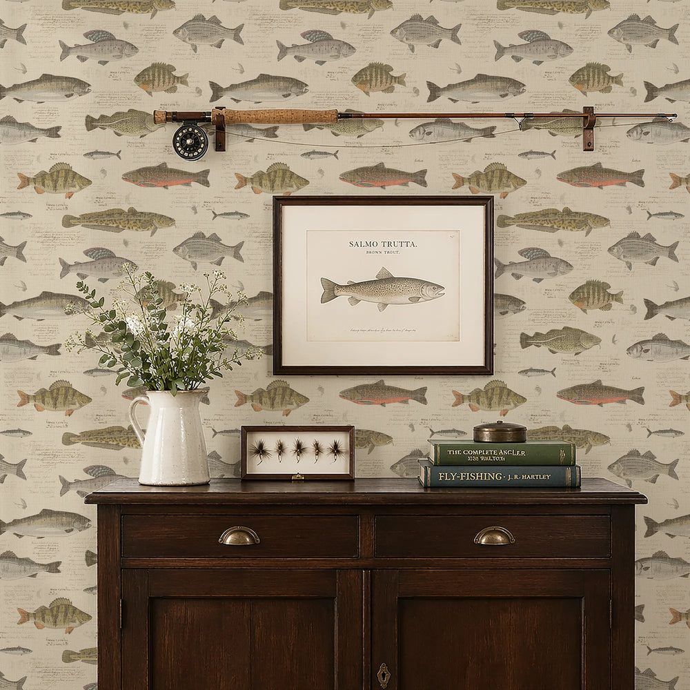 Wallpaper with fish pattern, wooden cabinet with decor items, and framed picture.