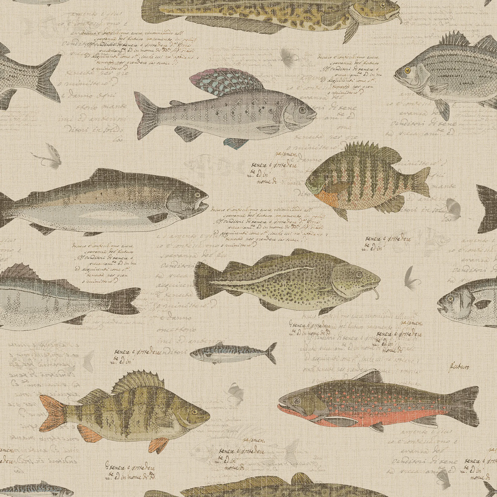 Wallpaper pattern of various fish illustrations on a cream background with text.