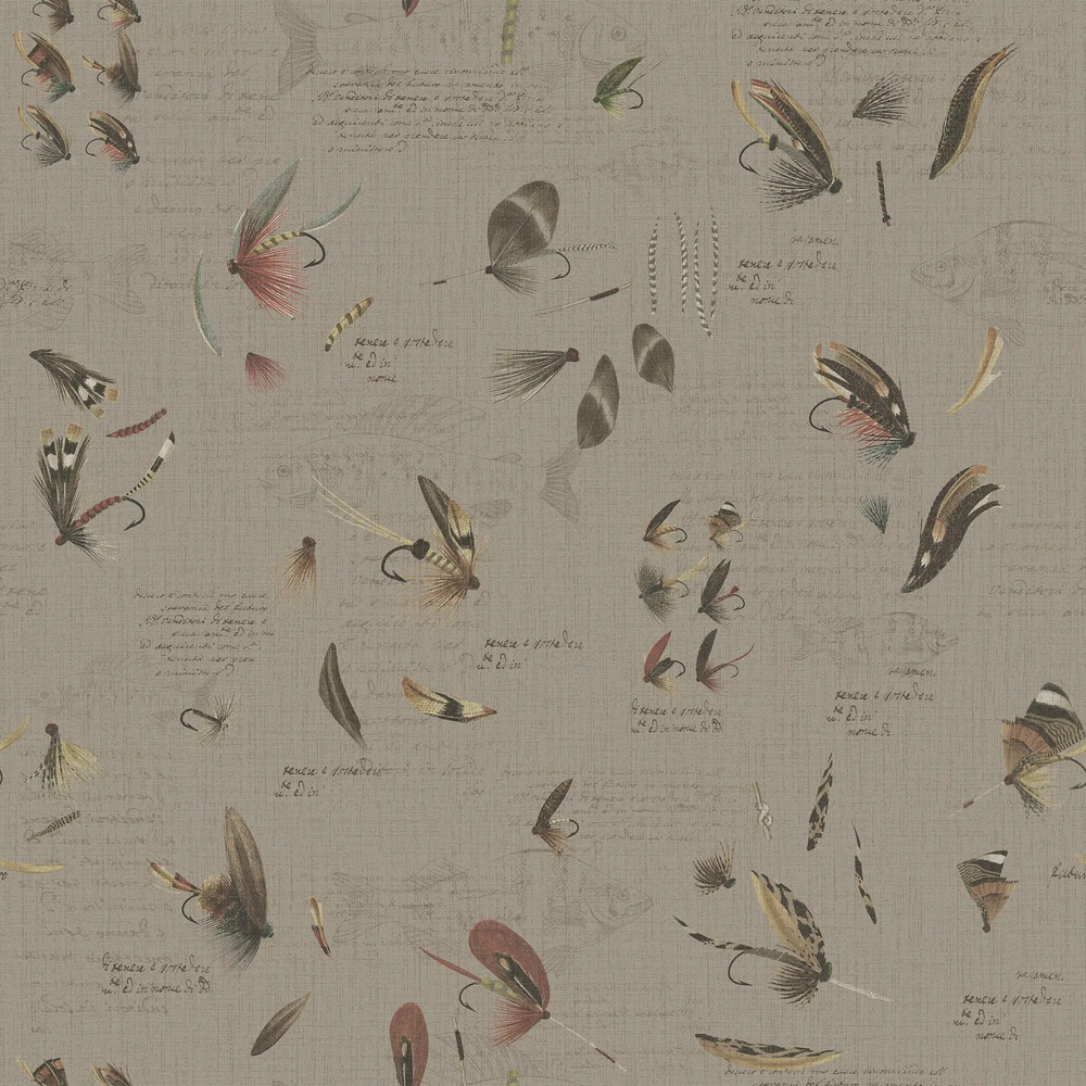 Wallpaper pattern of fishing lures and fly illustrations on a green background.