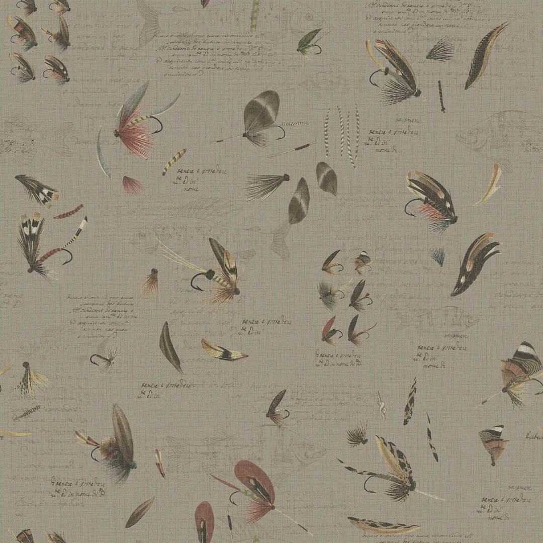 Wallpaper pattern of fishing lures and fly illustrations on a green background.