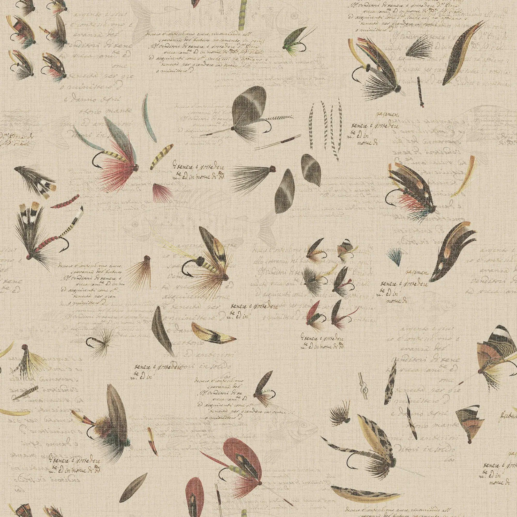 Wallpaper pattern of fishing lures and flies on a cream background with text.