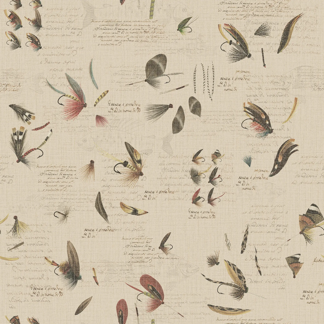 Wallpaper pattern of fishing lures and flies on a cream background with text.