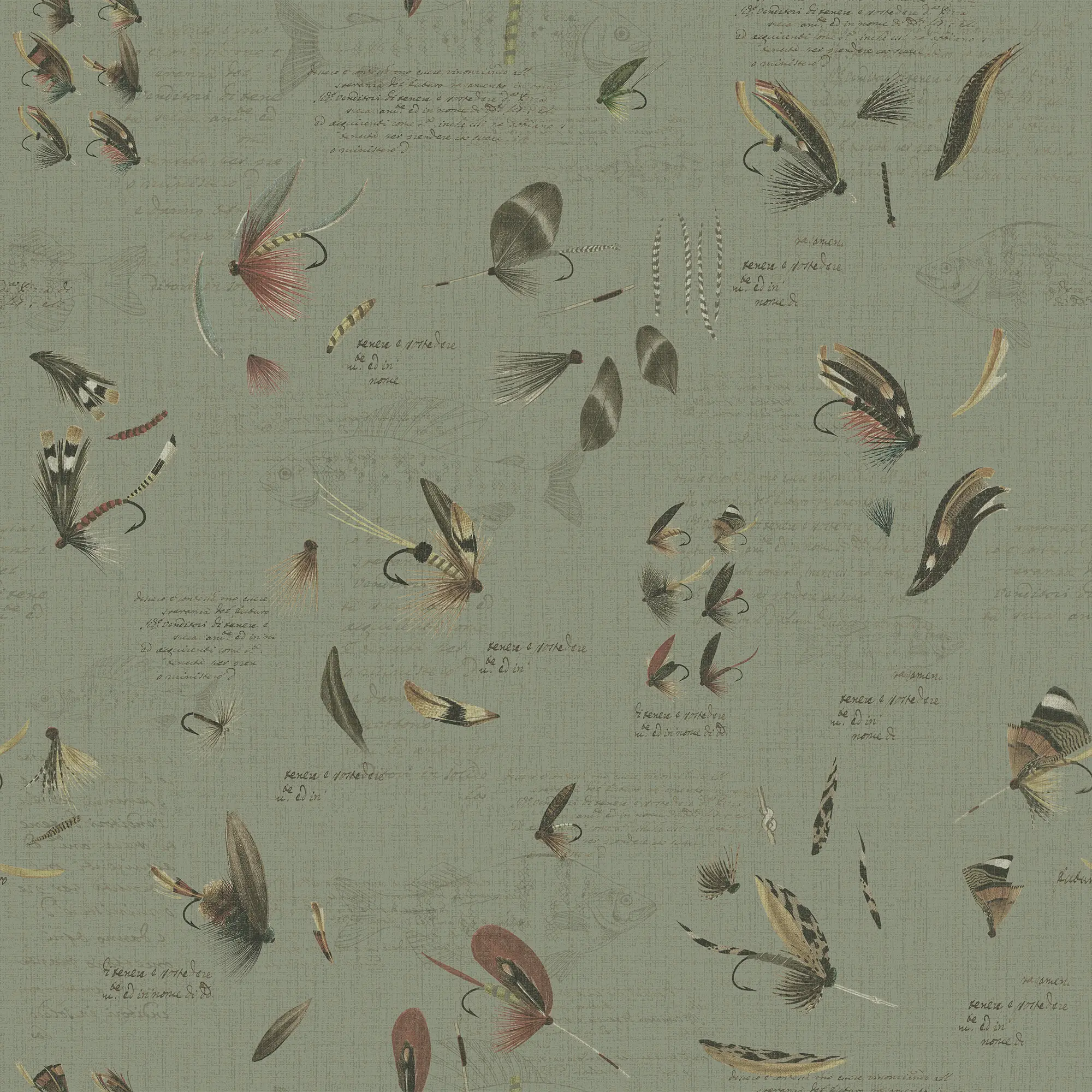 Wallpaper pattern of fishing lures on a green background with text.