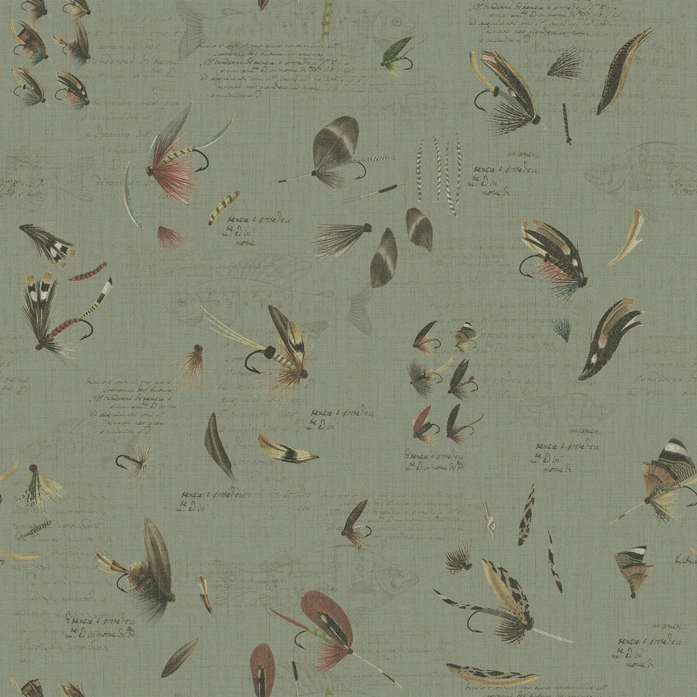 Wallpaper pattern of fishing lures on a green background with text.