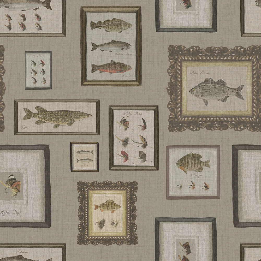 Wallpaper with framed illustrations of fish on a green background.