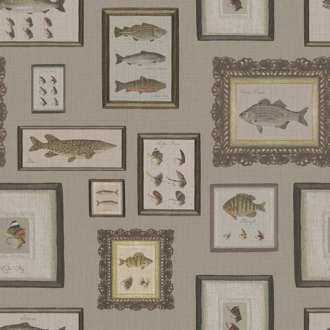 Wallpaper with framed illustrations of fish on a green background.