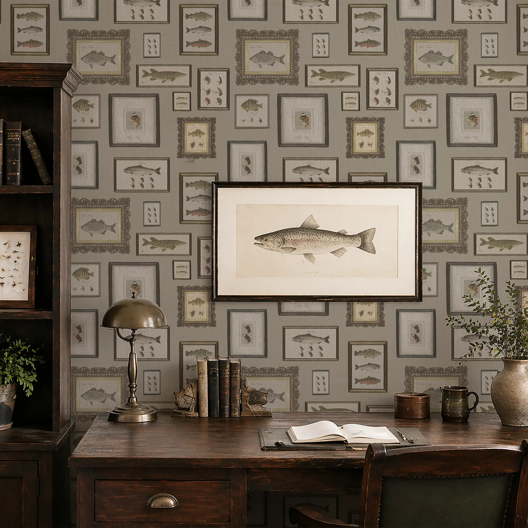 Decorative office with framed fish artwork on a patterned wall.