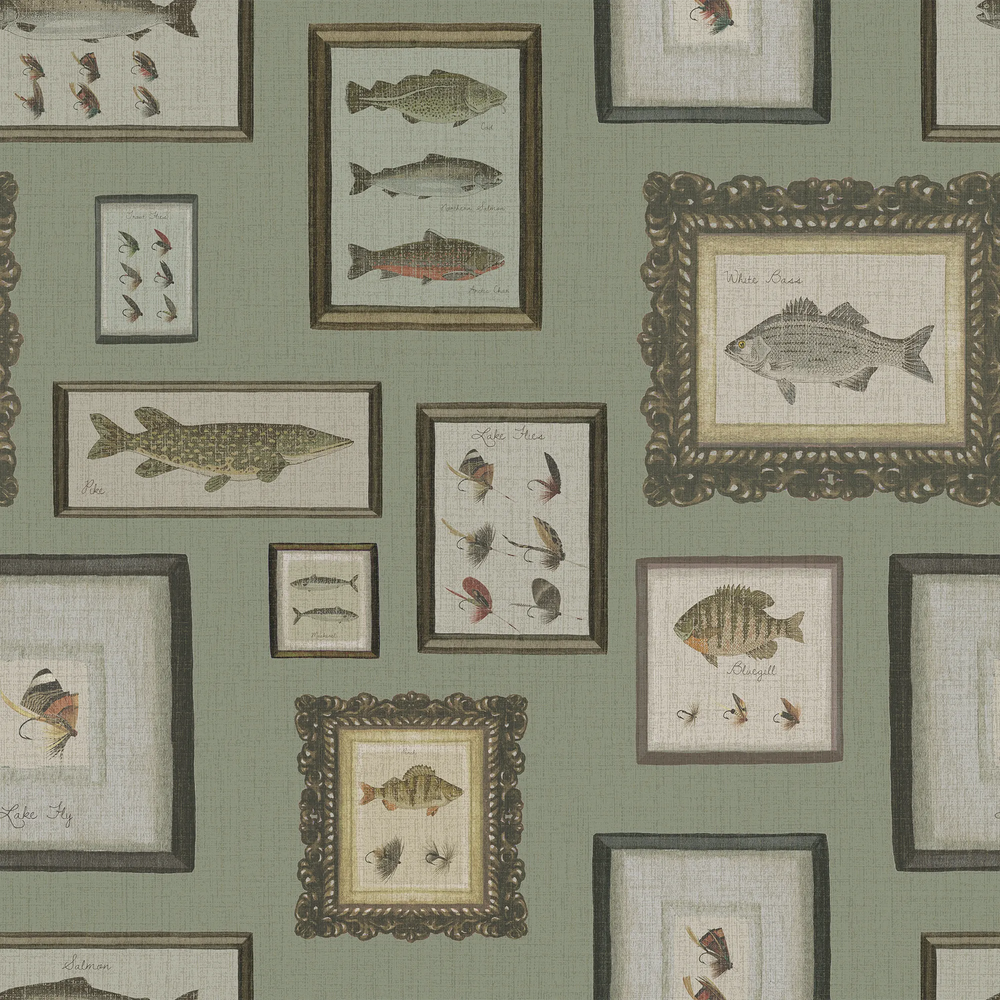 Wallpaper with framed illustrations of fish on a green background.