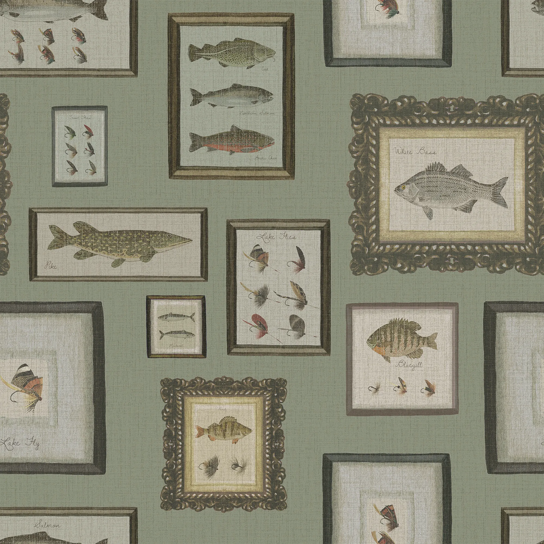 Wallpaper with framed illustrations of fish on a green background.