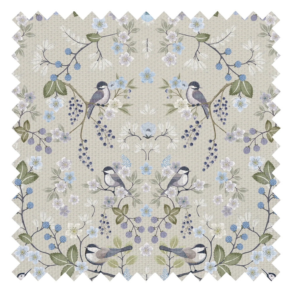 Bramble and Beak Fabric in Blues and Greens on Taupe