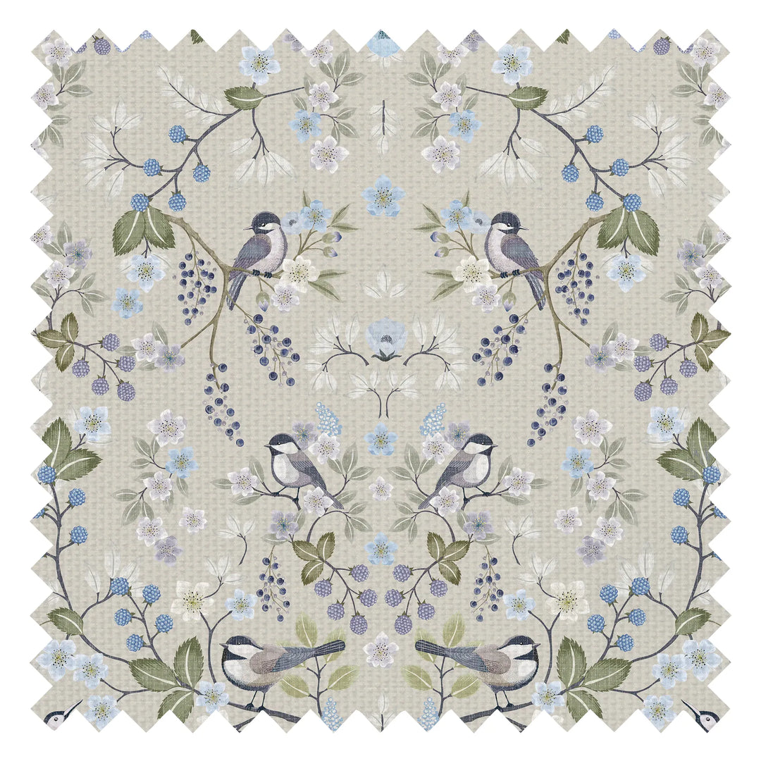 Bramble and Beak Fabric in Blues and Greens on Taupe