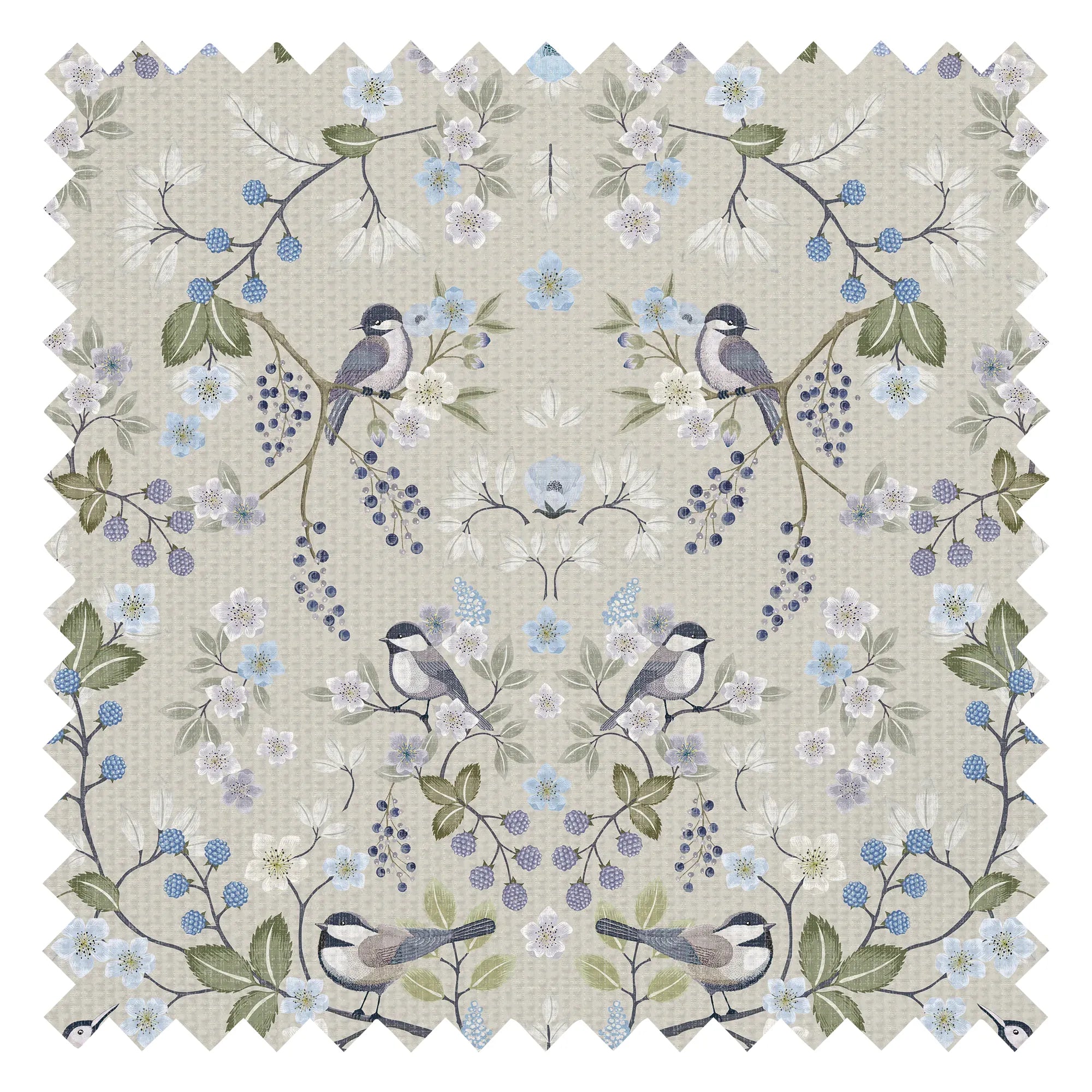 Bramble and Beak Fabric in Blues and Greens on Taupe