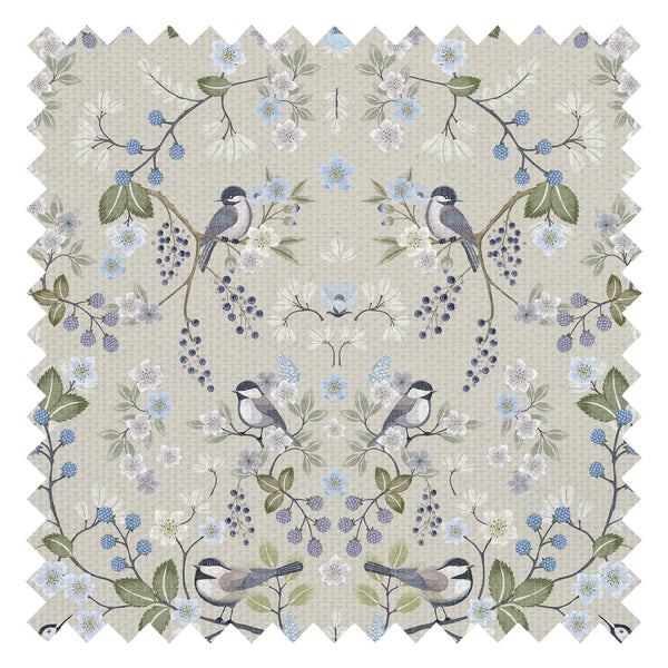 Bramble and Beak Fabric in Blues and Greens on Taupe