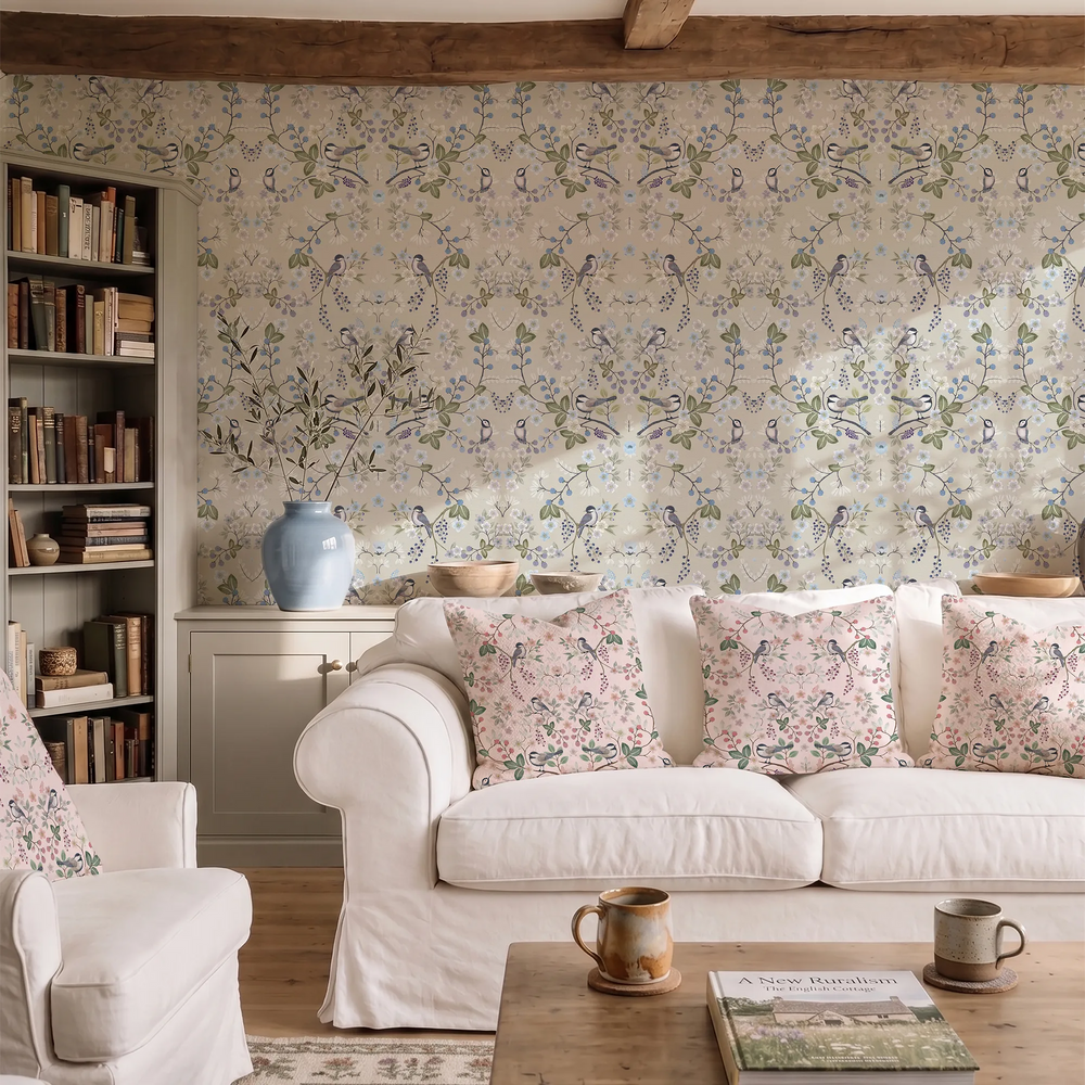 Bramble and Beak Wallpaper in Blues and Greens on Taupe