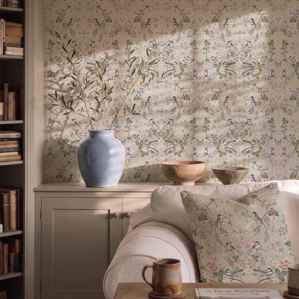 Bramble and Beak Wallpaper in Blues and Greens on Taupe