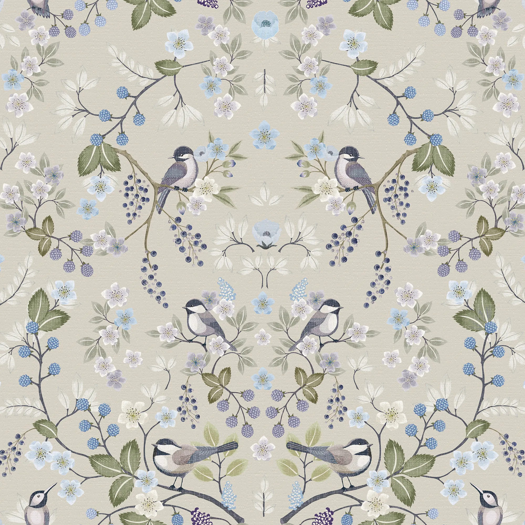 Bramble and Beak Wallpaper in Blues and Greens on Taupe
