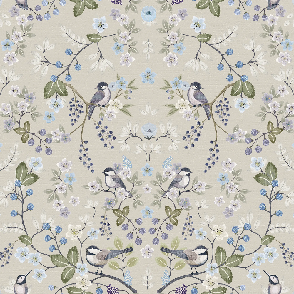 Bramble and Beak Wallpaper in Blues and Greens on Taupe