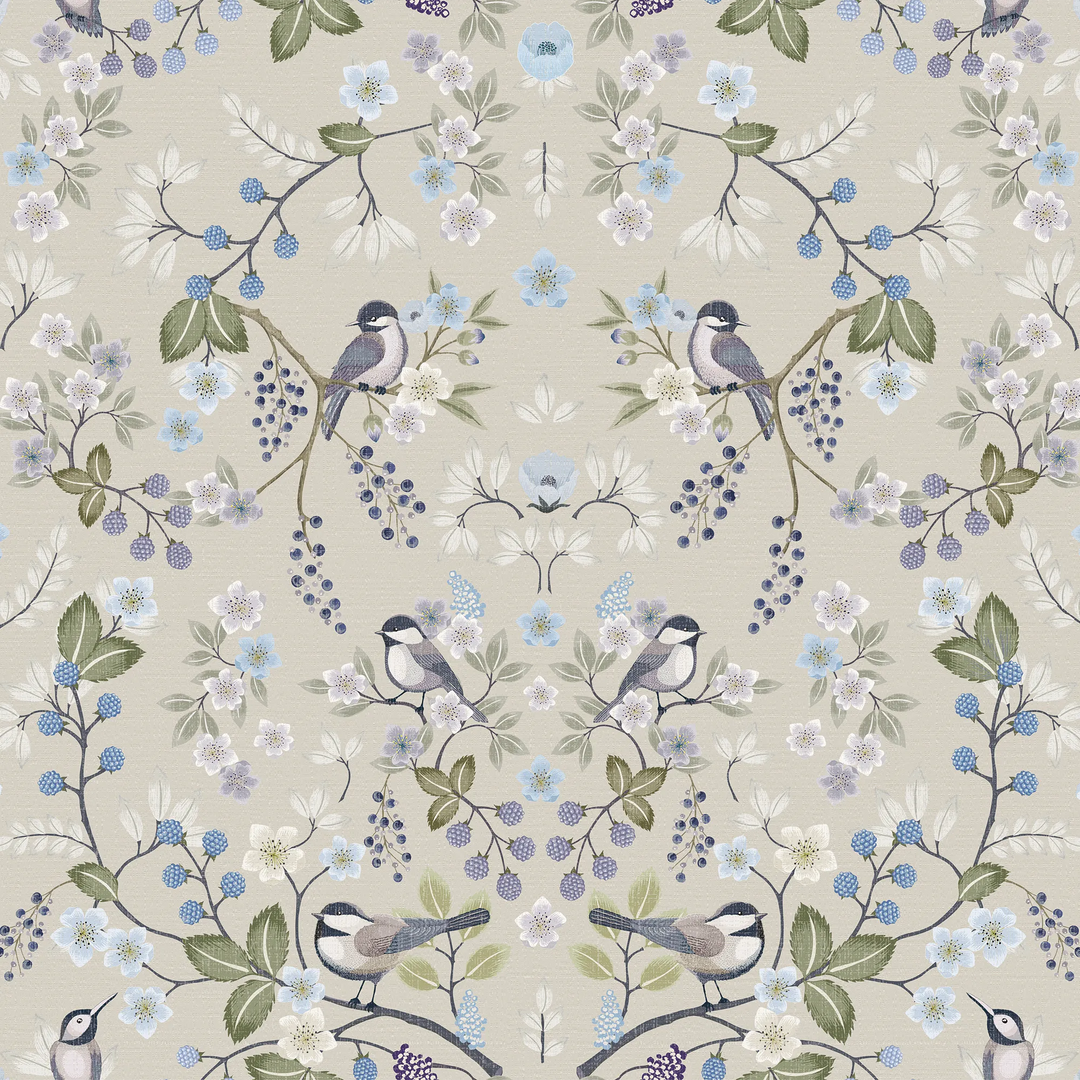 Bramble and Beak Wallpaper in Blues and Greens on Taupe