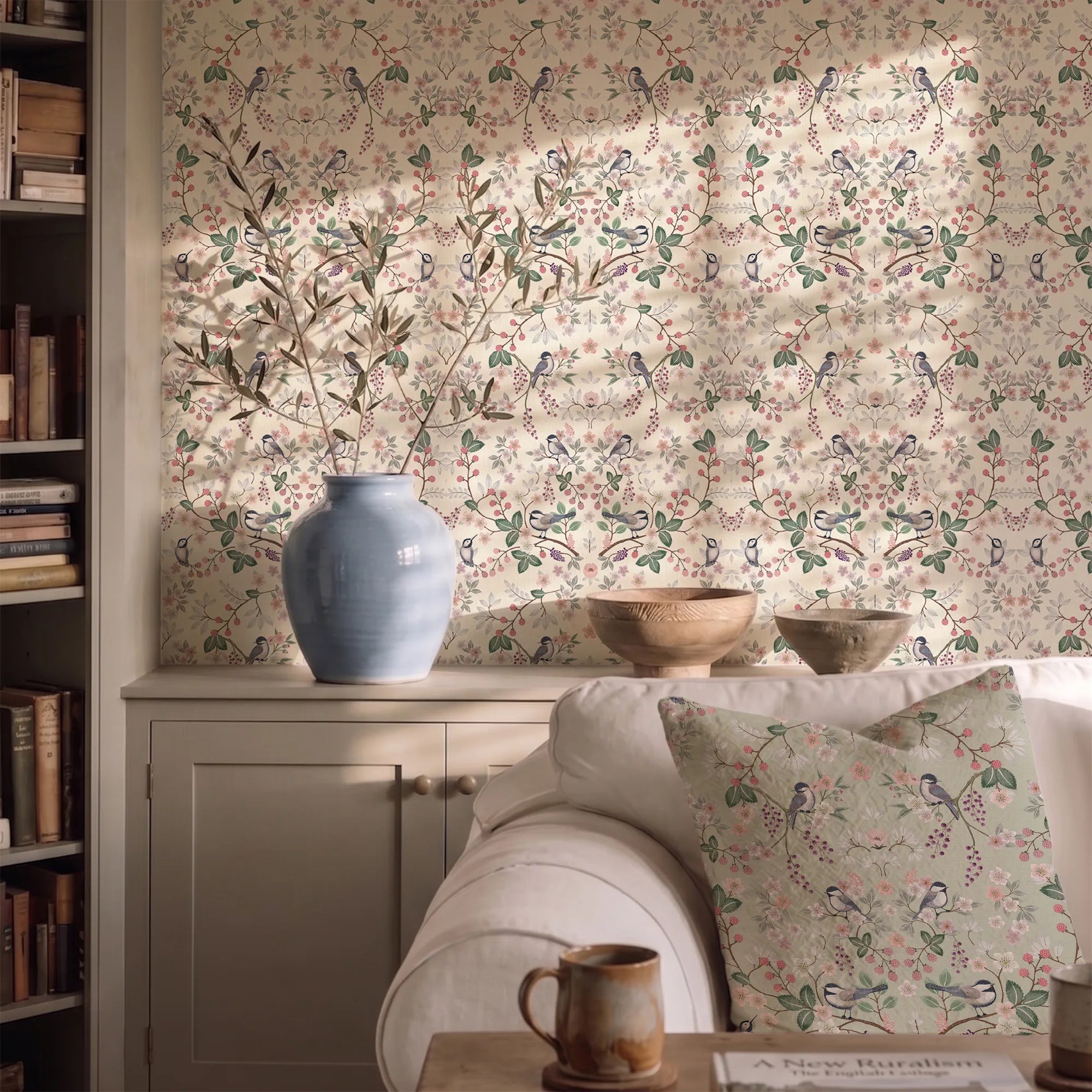 Bramble and Beak Wallpaper in Pinks and Greens on Parchment Cream