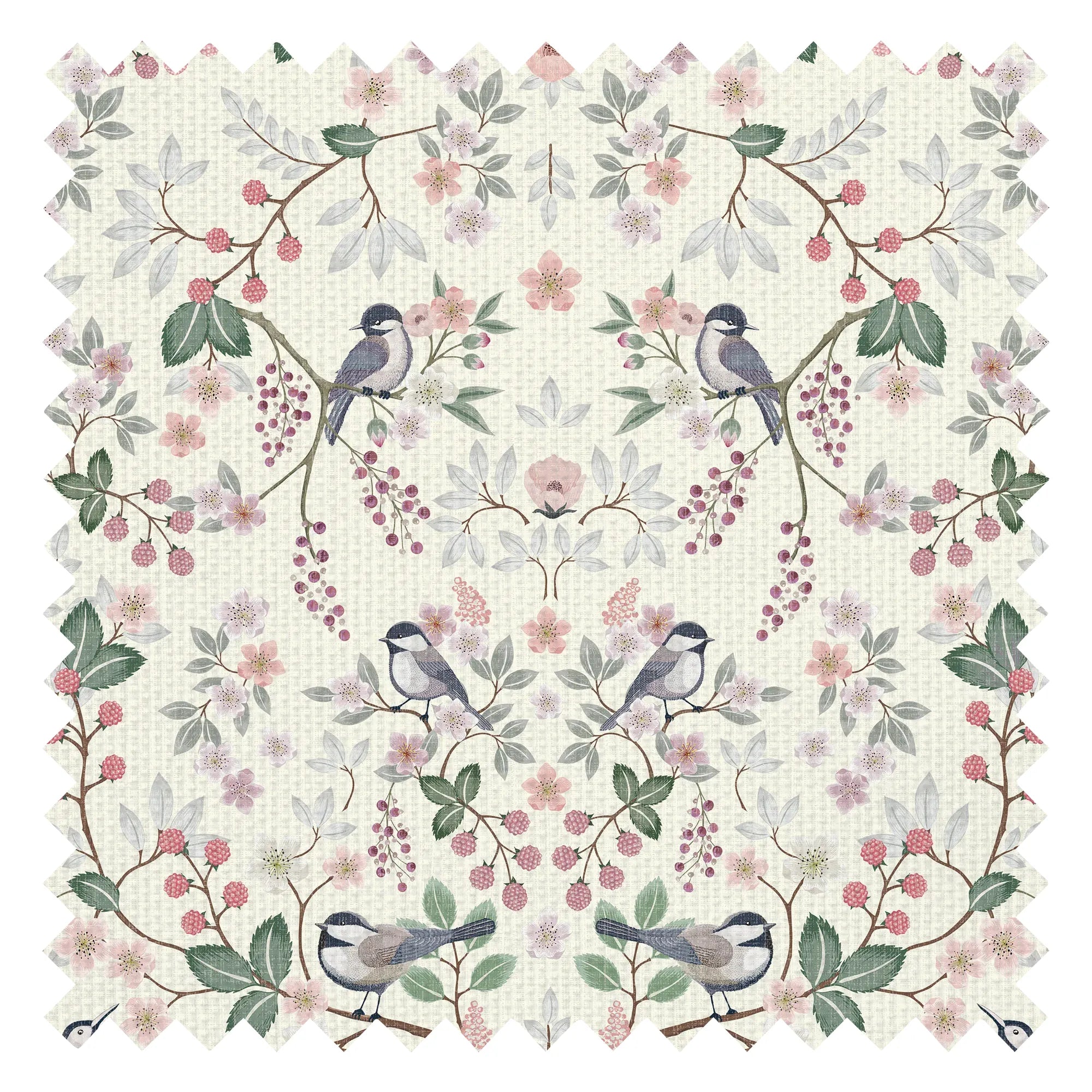 Bramble and Beak Fabric in Pinks and Greens on Parchment Cream