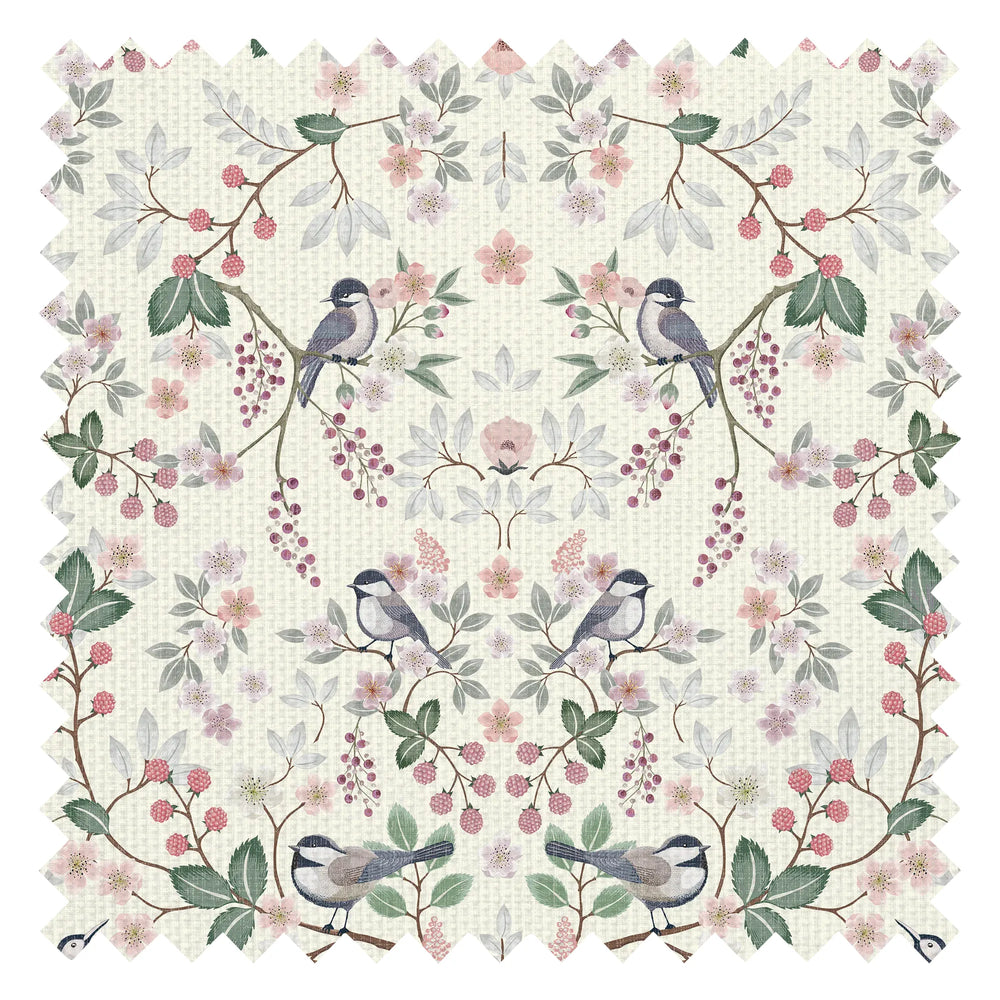 Bramble and Beak Fabric in Pinks and Greens on Parchment Cream