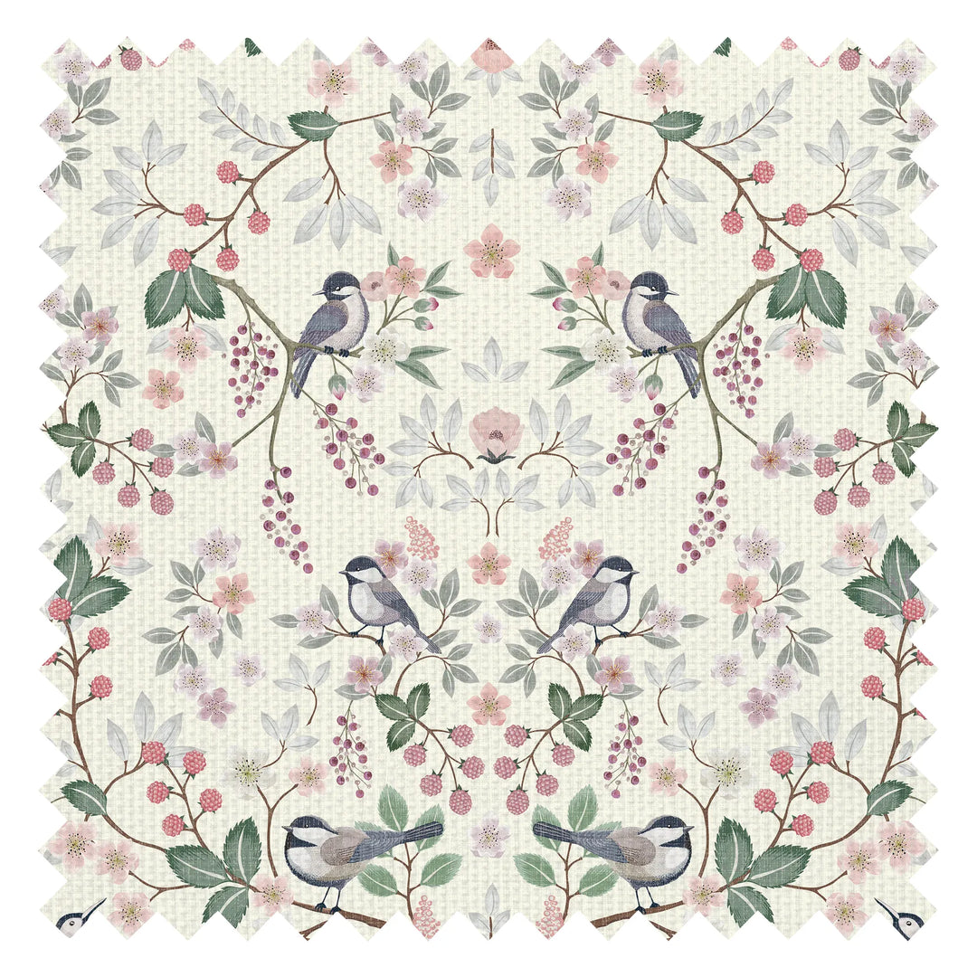 Bramble and Beak Fabric in Pinks and Greens on Parchment Cream