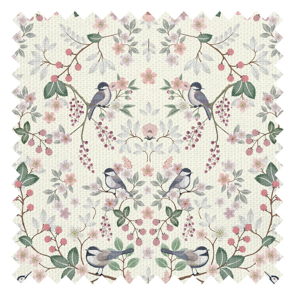 Bramble and Beak Fabric in Pinks and Greens on Parchment Cream