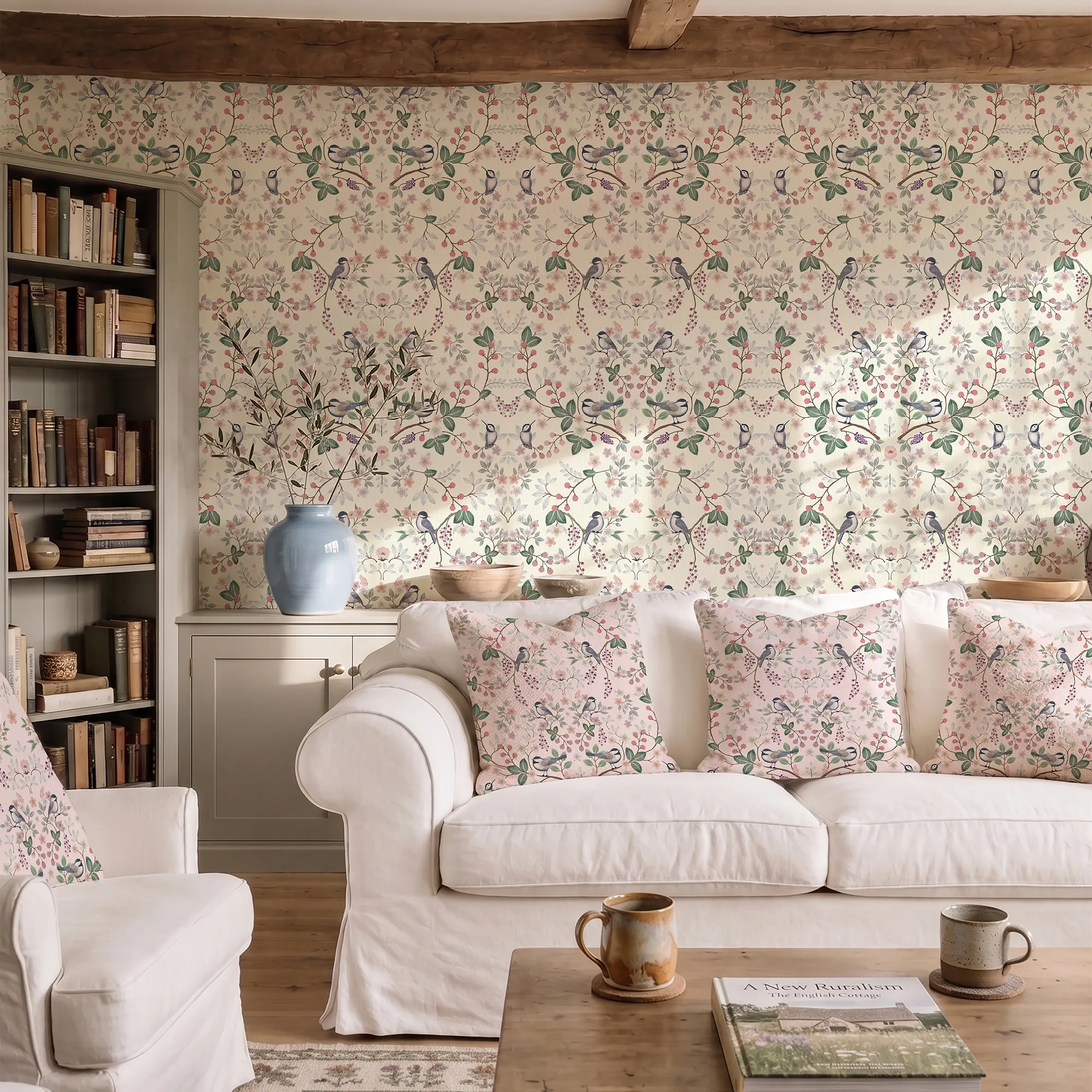 Bramble and Beak Wallpaper in Pinks and Greens on Parchment Cream