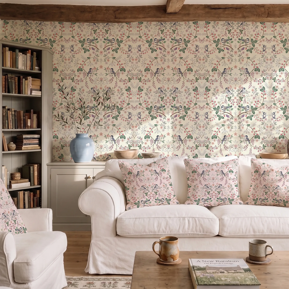 Bramble and Beak Wallpaper in Pinks and Greens on Parchment Cream