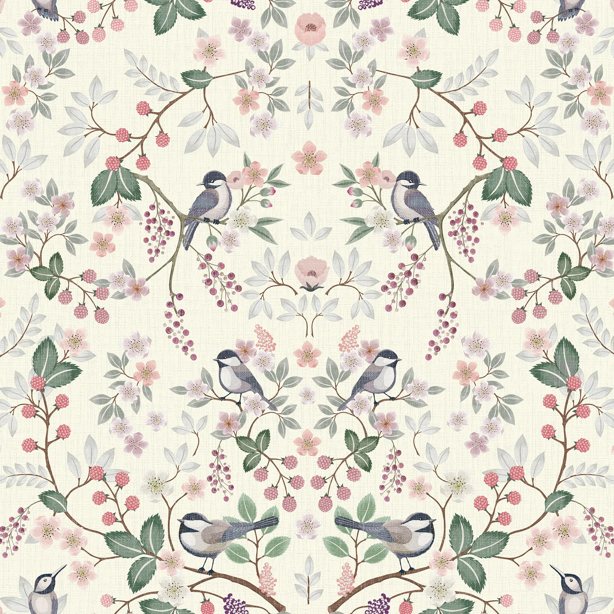 Bramble and Beak Wallpaper in Pinks and Greens on Parchment Cream