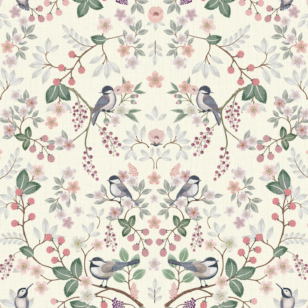 Bramble and Beak Wallpaper in Pinks and Greens on Parchment Cream