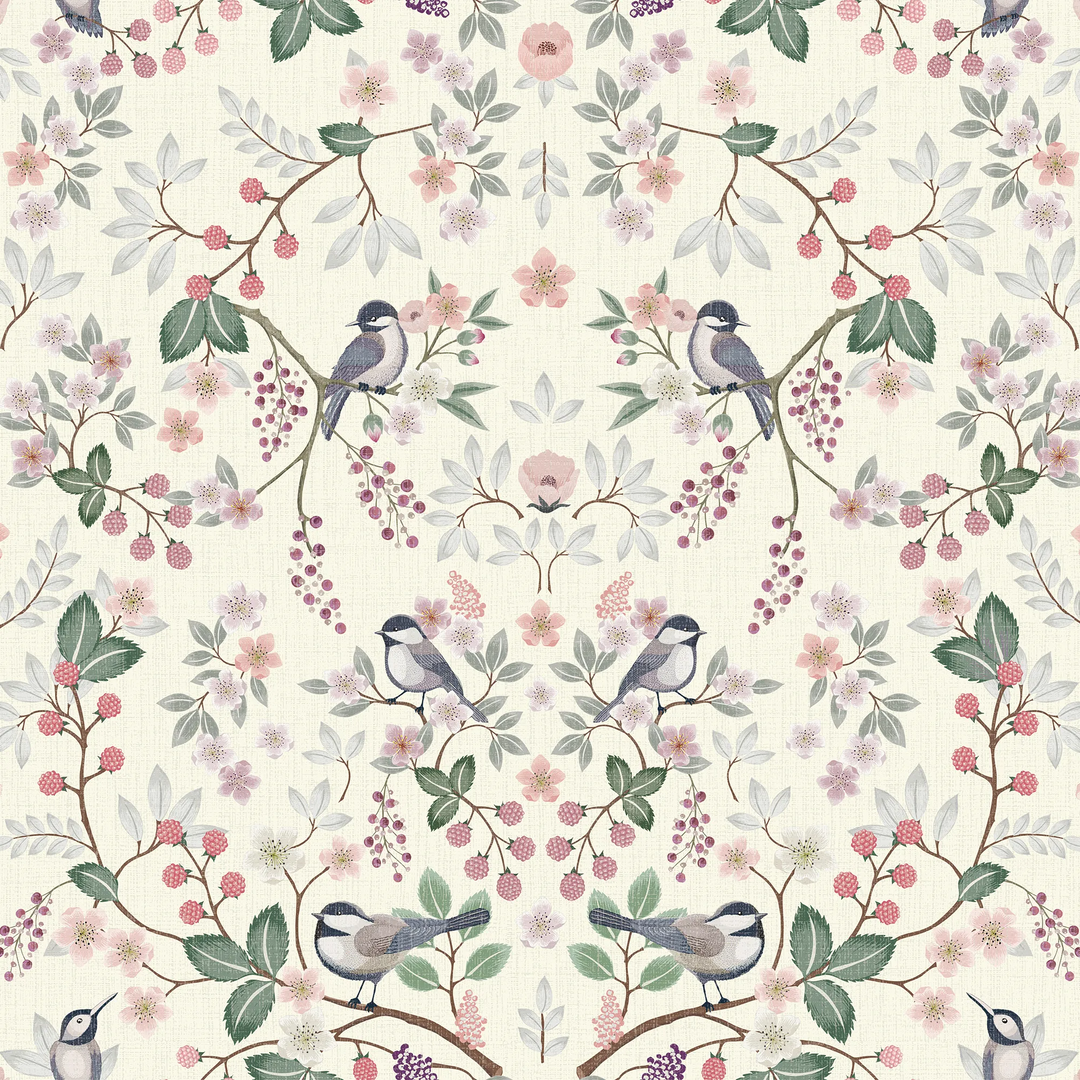 Bramble and Beak Wallpaper in Pinks and Greens on Parchment Cream
