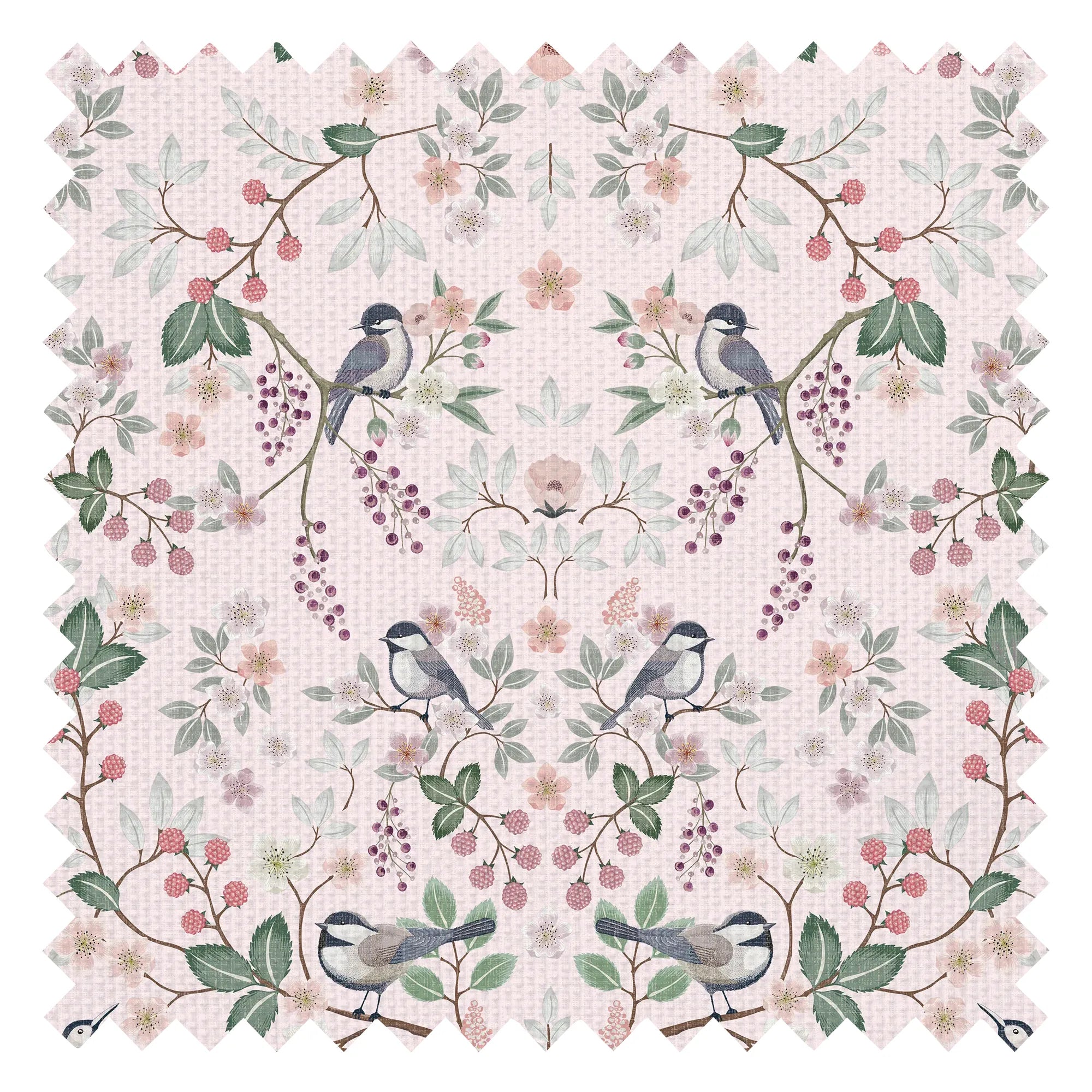 Bramble and Beak Fabric in Pinks and Greens on Soft Pink