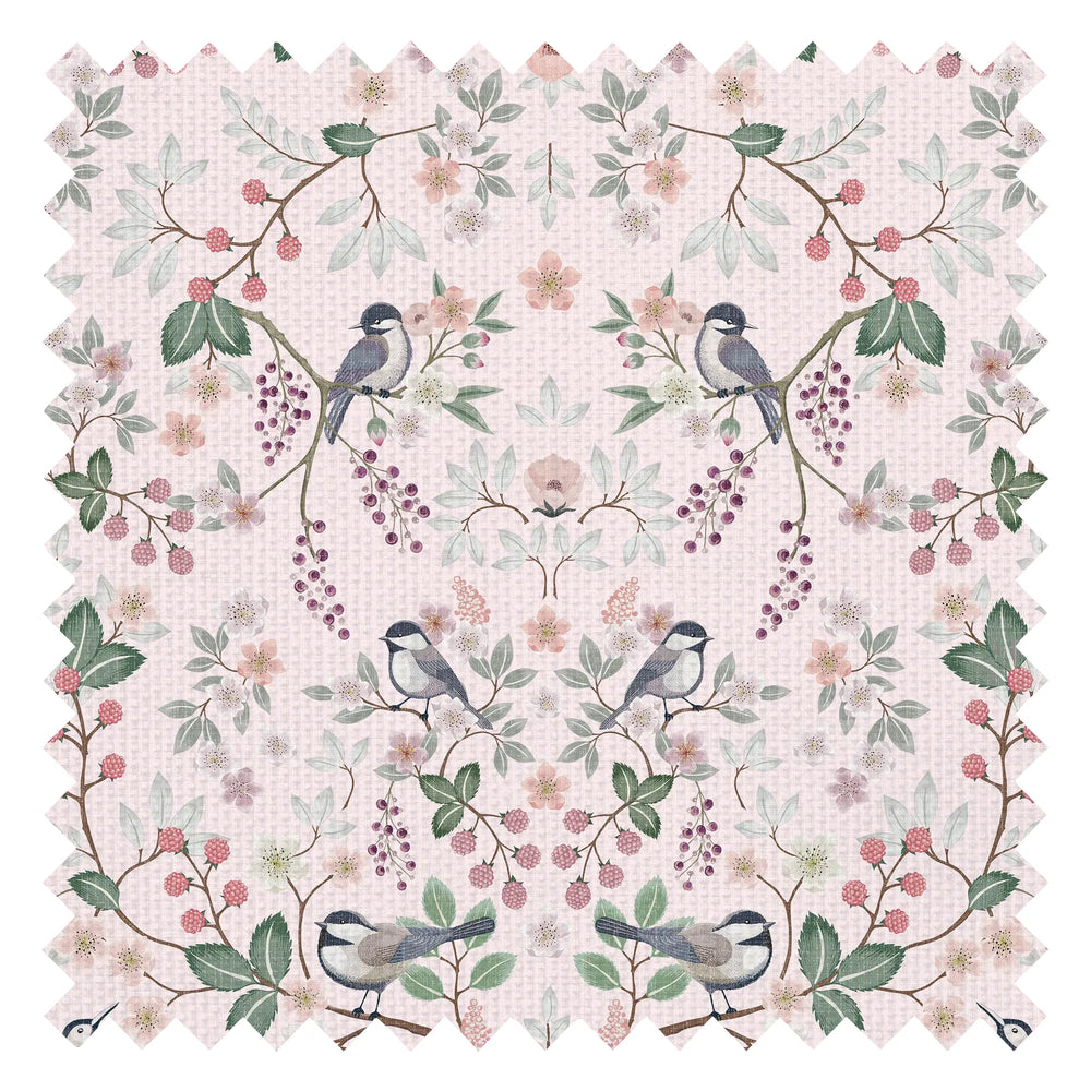Bramble and Beak Fabric in Pinks and Greens on Soft Pink